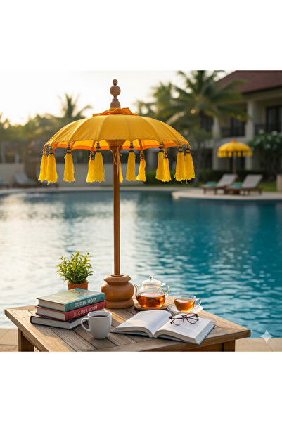 Livenda Shop Bali Şemsiye Masa Üstü Dekoratif Şemsiye Bali Şemsiyesi El Yapımı Otantik Masa Şemsiyesi Ahşap Stand