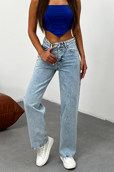 BİKELİFE Women's Light Blue Snow Wash High Waist Lycra Stretchy Wide Leg Jeans