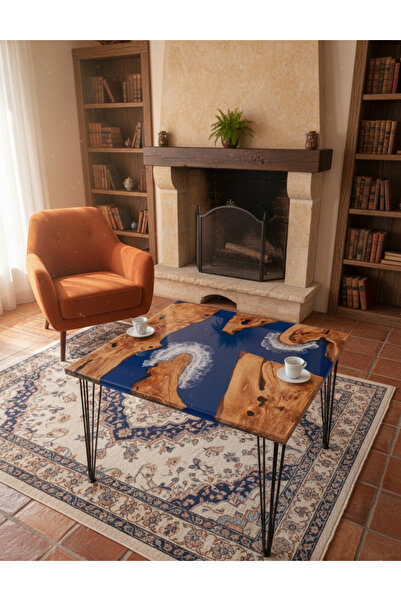 SUR AHŞAP EPOKSİ Zeytin Ağacından El Yapımı Ahşap Epoksi Tekli Kare Sehpa -78*78 cm - Yükseklik 52 cm