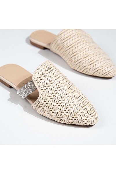 Kocamanlar Ayakkabı Feles Thin Sole Straw Detailed Women's Slippers Beige