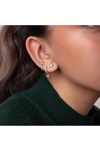 Heppii Gümüş Renk Tektaş Küpe 6 mm Zirkon Taşlı Rodyumlu