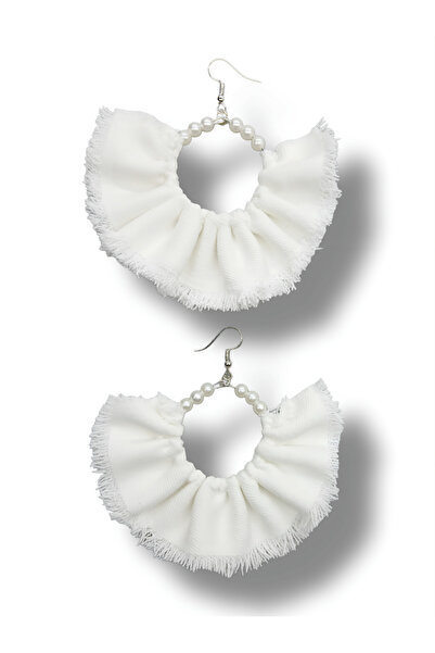 maia Women's Silver Color Hoop Dangle Earrings – White Denim Fabric Pearl Design