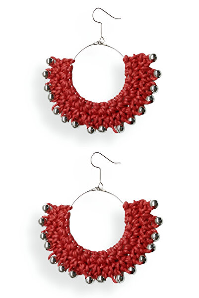 maia Dark Pomegranate Flower Color Knitted Thread Silver Beaded Design Earrings