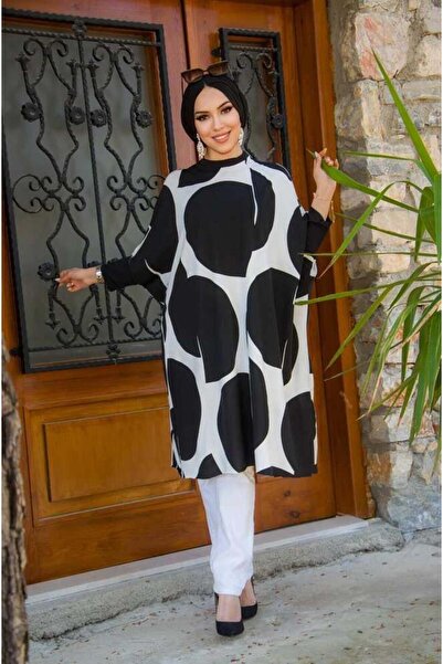 Aişe tesettür Μαύρο και λευκό υπερμεγέθες τουνίκ χιτζάμπ