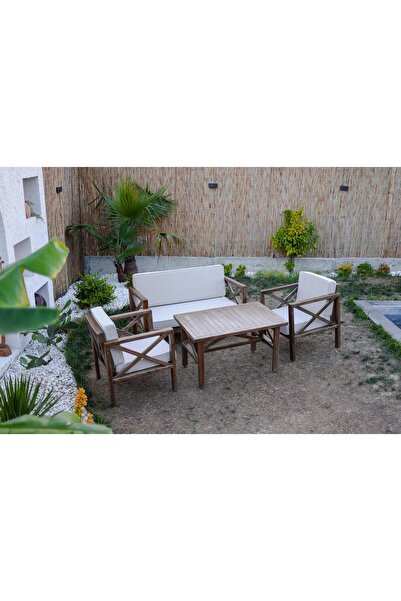 RAWZEN HOME Ahşap Bahçe Mobilyası Balkon Takımı 1x Çiftli l 2x Tekli l Masa