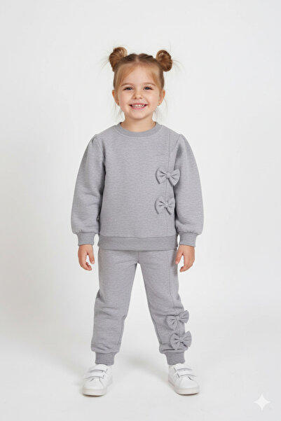 zepkids Gray Melange Color Girl's Tracksuit Set with Bow on the Front