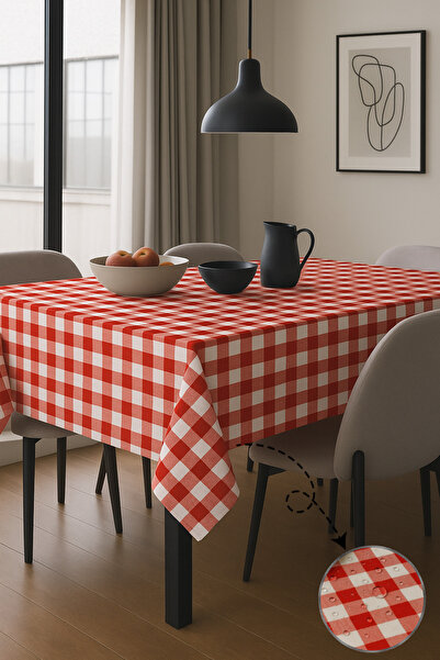 Soft Kare Panama Linen Liquid Proof Red Checkered Tablecloth