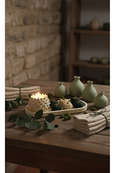 SEMY STORE Çam Kozalağı Mumluk Ve Minik 6'lı Balkabağı Dekoratif Set Obje Bib...