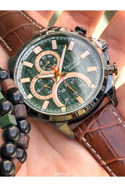 Ferrucci Deri Kordon Takvimli Kahverengi Erkek Kol Saati Bileklik Hediyeli