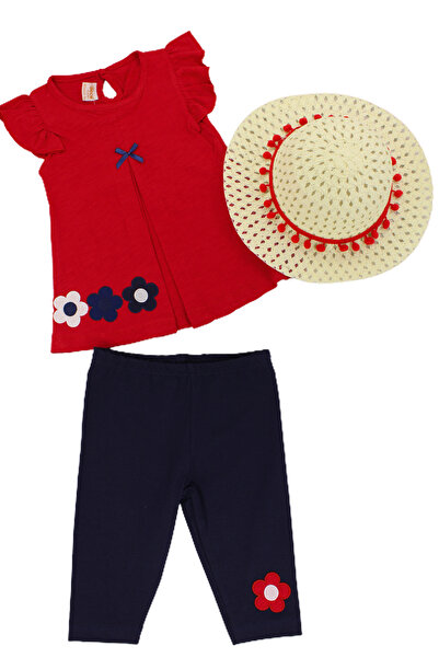 EYMİRGİYİM Straw Hat Flower Embroidered Baby Girl Children's Short Sleeve 3-Piece Set 9-12Months, 12-18Months, 1-2Years, 2-3Years