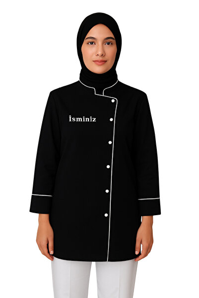 özgün üniforma Tesettürlü Kadın Aşçı Ceketi Siyah - Isim Nakışlı Aşçı Ceketi-...
