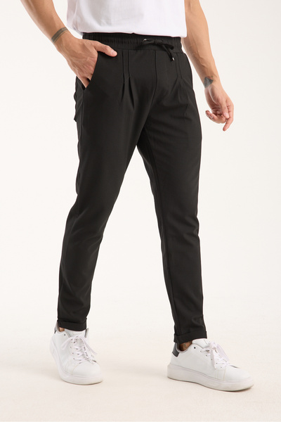 OneZero Erkek Jogger Pileli Bel Lastikli Bağcıklı Likralı Siyah Pantolon