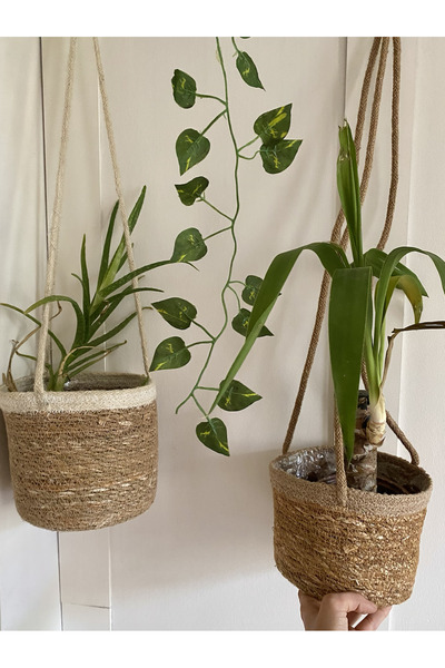 Bohem Shop 2'li hasır sepet saksı askılı bohem etnik çiceklik jüt makrome ip askılık 17x17x