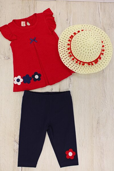 EYMİRGİYİM Straw Hat Flower Embroidered Baby Girl Children's Short Sleeve 3-Piece Set 9-12Months, 12-18Months, 1-2Years, 2-3Years