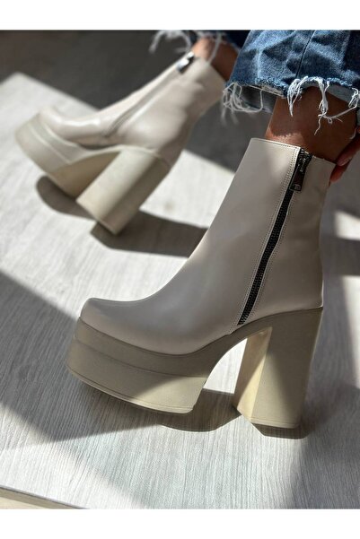 Favi Ayakkabı Bej Deri Çift Fermuarlı Çift Kat Platform Topuklu Kadın Bot