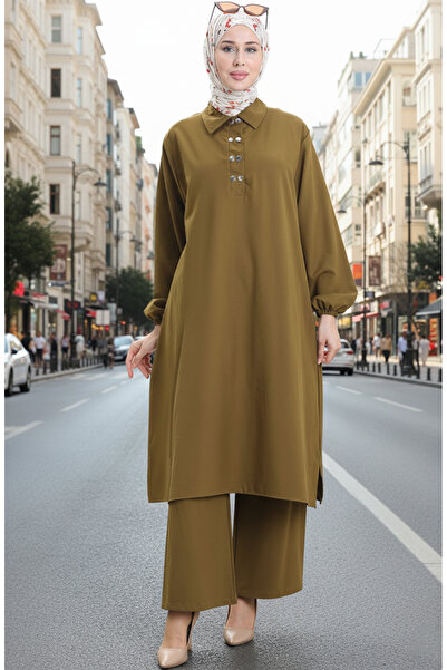sefamerve Gömlek Yaka Tunik Pantolon İkili Takım 0123-04 Zeytin Yeşili