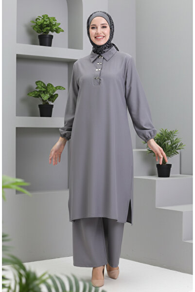 sefamerve Gömlek Yaka Tunik Pantolon İkili Takım 0123-02 Koyu Gri
