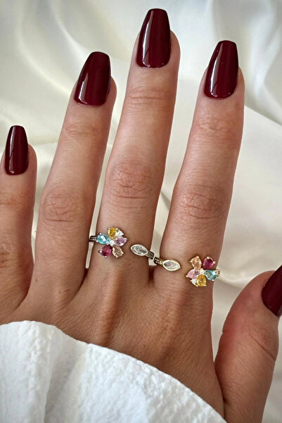 Leo'Stone İthal Seri Renkli Zirkon Taşlı Zarif Lotus Çiçeği Tasarım Ayarlanabilir Kadın Çelik Yüzük