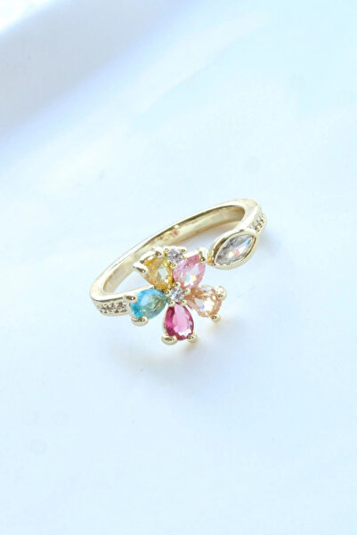 Leo'Stone İthal Seri Renkli Zirkon Taşlı Zarif Lotus Çiçeği Tasarım Ayarlanabilir Kadın Çelik Yüzük