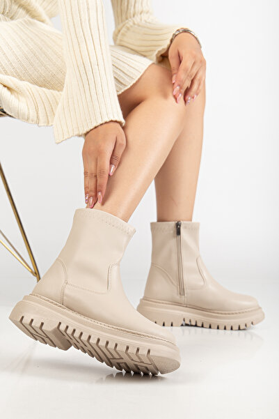 AYAKKABI MEET Γυναικείες καθημερινές μπότες με χοντρή σόλα σε μπεζ δέρμα 12365214