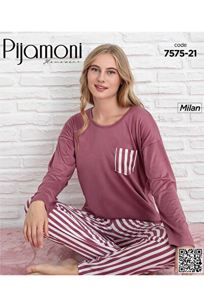 Pijamoni Bambu Milan Kumaş Gülkurusu Renkli Sıfır Yaka Uzun Kollu Kadın Pijam...