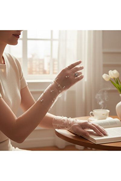 Bukosh Transparan Kısa Incili Tül Parmaksız Gelin Eldiveni