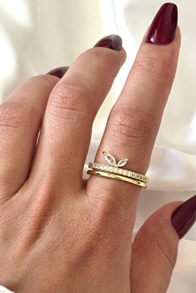 Leo'Stone İthal Seri Zarif Zirkon Taşlı İkili Yaprak Tasarım Ayarlanabilir Kadın Çelik Yüzük