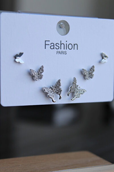 Leo'Stone Yeni Sezon 6'lı Kelebek Tasarım Zirkon Taşlı Gümüş İğneli Çelik Küpe