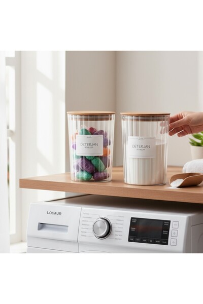 zezedesing Ahşap Kapaklı Oval Çizgili Deterjan Renkliler ve Deterjan Beyazlar Kavanozu 2200ML