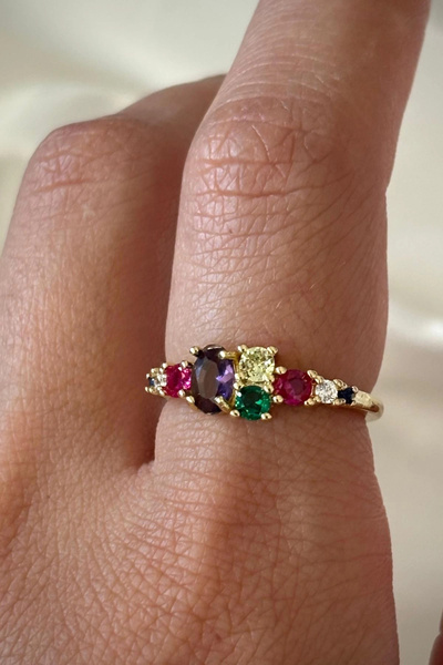 Leo'Stone İthal Seri Zarif Karışık Renkli Oval Taşlı Tasarım Ayarlanabilir Kadın Çelik Yüzük