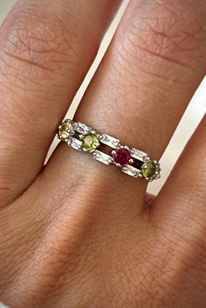 Leo'Stone سلسلة مستوردة مزدوجة الصفوف من حجر الزركون الملون بتصميم رائع وخاتم فولاذي نسائي قابل للتعديل