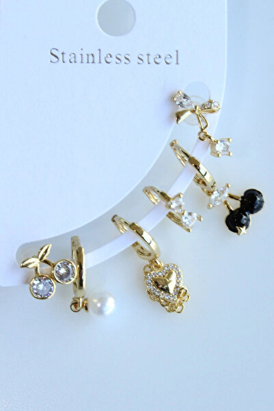 Leo'Stone 6 Lı Kiraz Tasarım Kararmaz Renk Atmaz Çoklu Kadın Çelik Küpe