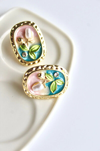 Leo'Stone Vintage Incili Beyaz Gül Motifli 3d Tablo Tasarım Kadın Çelik Küpe