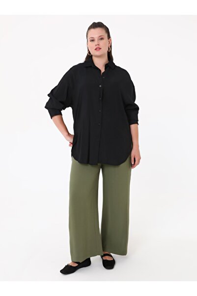 ALİA Viscose Fabric Comfortable Fit Plus Size Trousers - Khaki - Alia