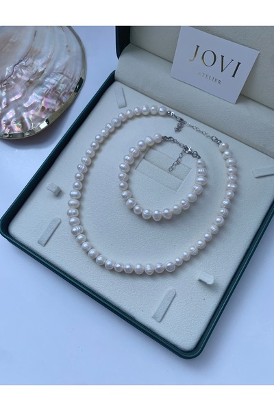 JOVİ ATELİER 45cm - 925 Ayar Gümüş Doğal 8mm İnci Kolye Bileklik Set - 45cm 5...