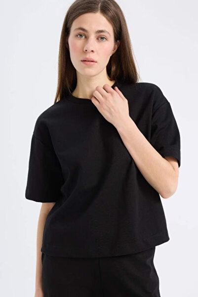 DeFacto Relax Fit Crew Neck Basic Plain Short Sleeve Black T-Shirt