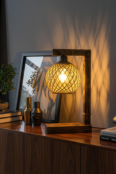 Celestia Rustik Abajur Ahşap Masa Lambası Dekoratif Gece Lambası, Doğal Ahşap İskandinav, Yatak Odası, Salon