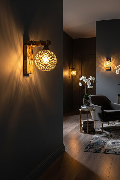 Celestia Rustik Ahşap Duvar Apliği – Doğal Halat Detaylı, El Yapımı Avize, Dekoratif Yatak Odası Lambası