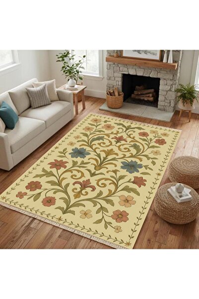 Markaev Bej Kır Çiçeği Vintage Dokuma Taban Halı 397 YNG