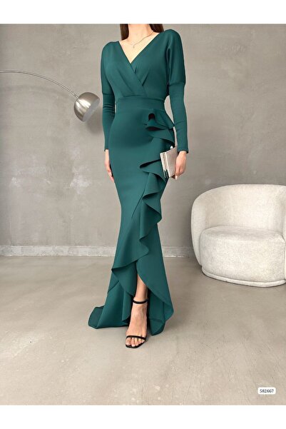 ahanora فستان سهرة نسائي من قماش سكوبا بأكمام طويلة وياقة مزدوجة الصدر (لون)