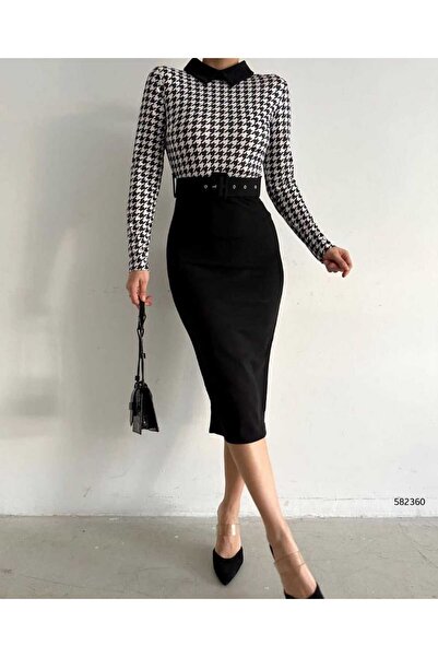 merysare Pencil Dress - Women's, Houndstooth Pattern, Shirt Collar and Belt, Crepe Fabric