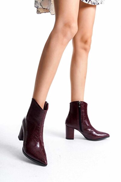 v.s.h velvet Kadın Klasik Kroko Sivri Burun Kalın Topuklu Yandan Fermuarlı Bot