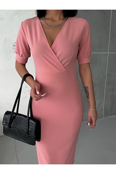 rengastyle Μίντι Φόρεμα Crepe Fabric - Διπλός γιακάς, Κοντό μανίκι (Χρώμα)