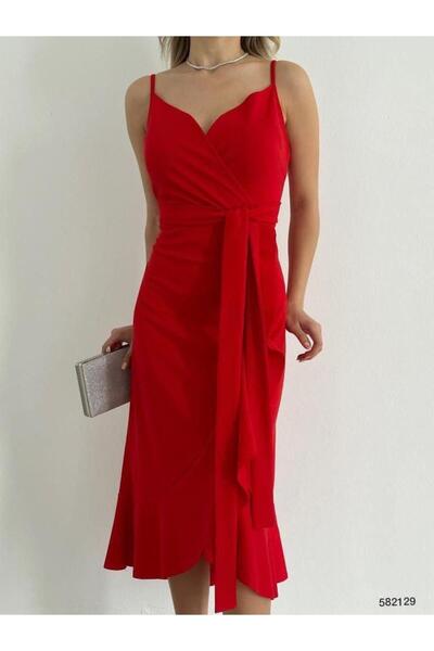 rengastyle Colorful Crepe Dress - Mid-Length Cut with Straps and Sash Detail