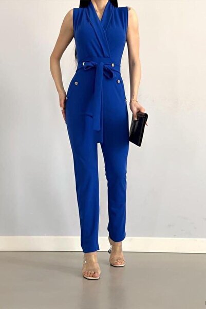 ahanora Women's Button Detail Belted Sleeveless Crepe Fabric Jumpsuit (Colored)