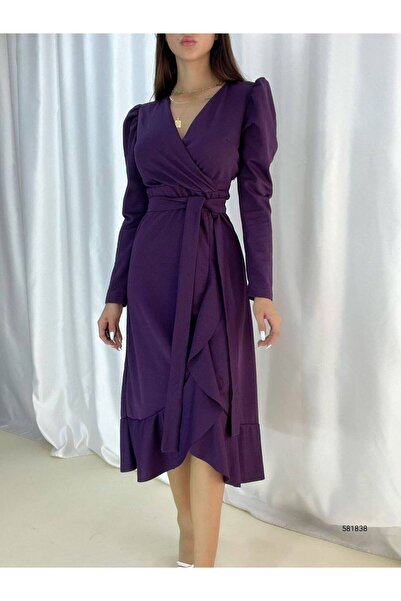 rengamoda Rengastyle rochie cu mâneci lungi, cu centură, din țesătură crep (prune)