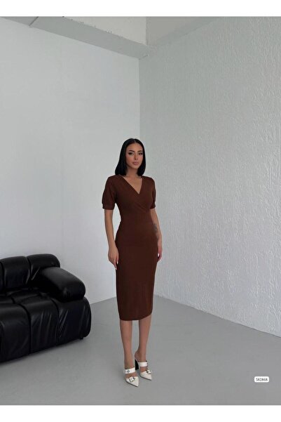 rengastyle Μίντι Φόρεμα Crepe Fabric - Διπλός γιακάς, Κοντό μανίκι (Χρώμα)