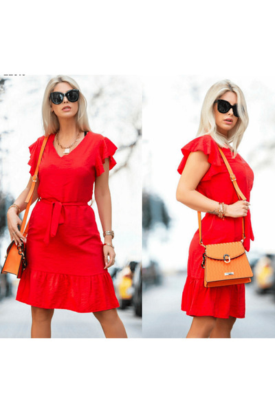 rengamoda Rengastyle Фріфрі Деталь Пояс Аеробін Тканина Сукня 88см (Червоний)