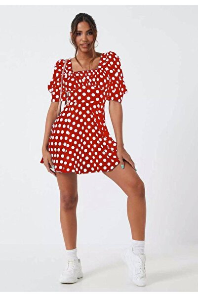 rengastyle Mini rochie cu imprimeu digital cu buline cu decolteu în U (cu opț...