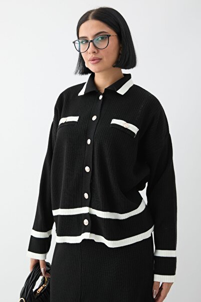 InStyle Комплект черен трико - пола на райе и жилетка